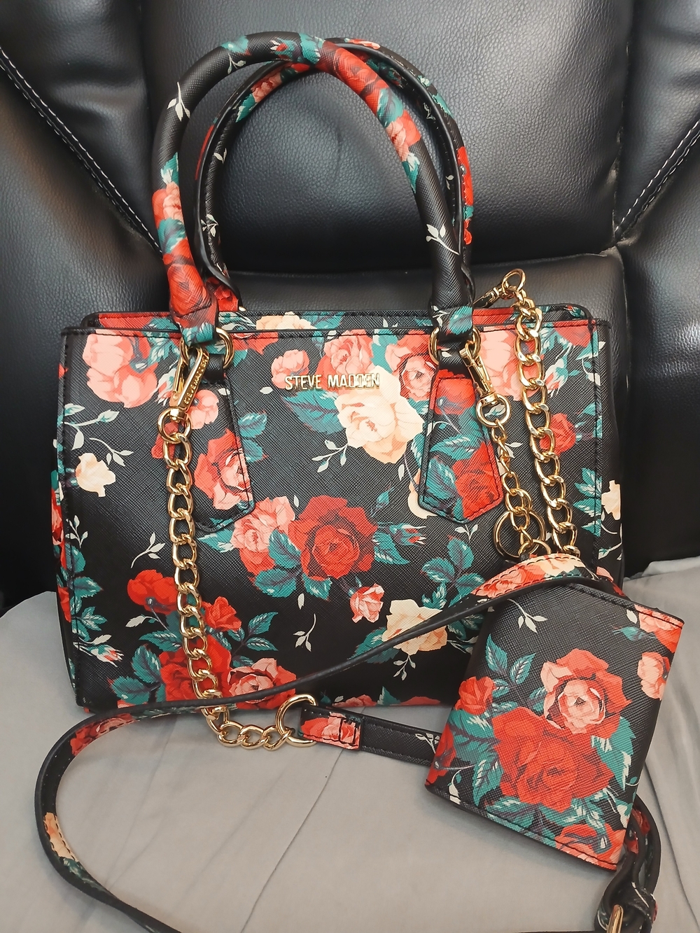 Steve Madden Black Floral Satchel with Gold Chain Accent